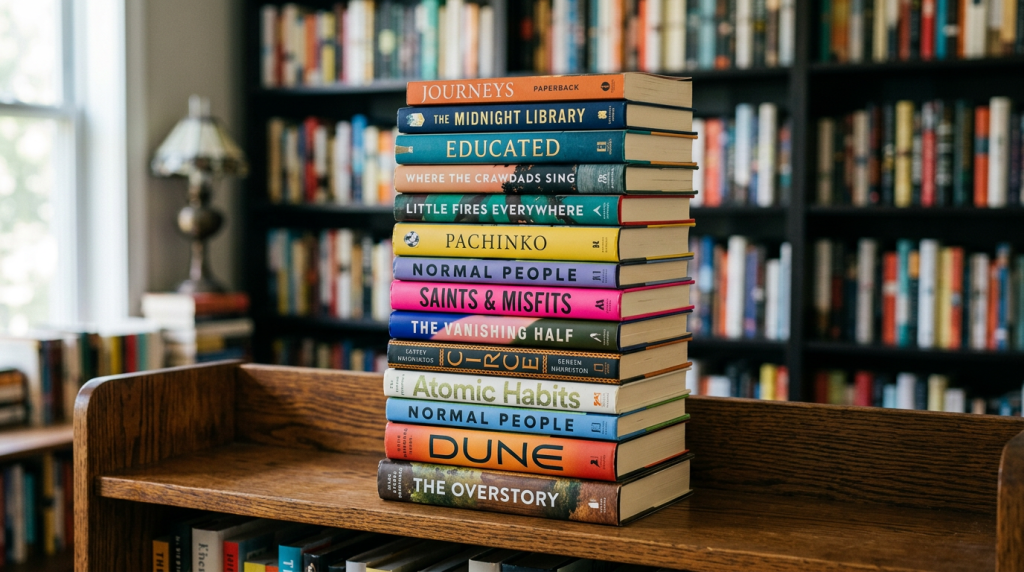 Stack of popular novels on wooden library cart with bookshelves behind